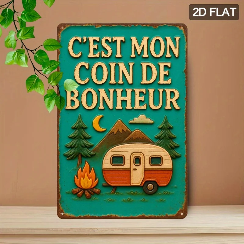 Letrero Metálico Vintage Francés para Camping/RV - Decoración Retro para Exteriores en Turquesa y Dorado - "C'est Mon Coin de Bonheur" (Este es mi rinconeta de felicidad)