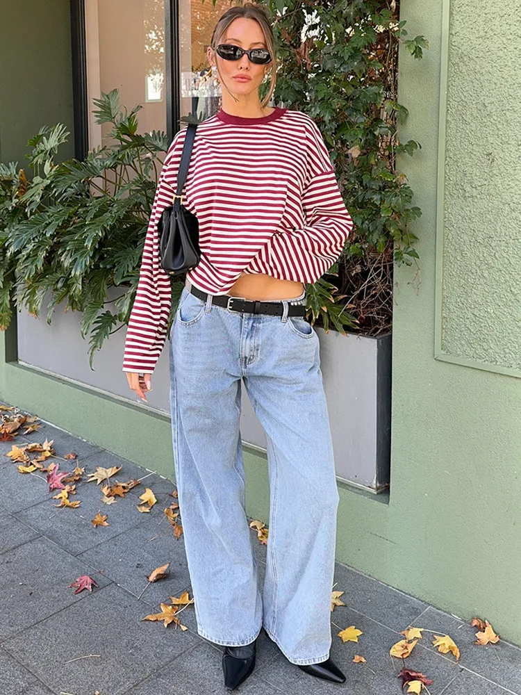 T-shirt ample à rayures pour femmes, col rond, manches longues, couleur contrastée, Patchwork, haut décontracté, Streetwear, automne 2025, 2025