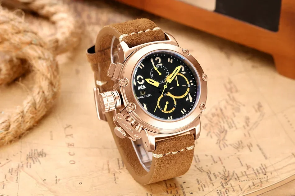 Reloj mecánico automático para hombre, cronógrafo multifunción de cuero marrón auténtico con fecha, fecha, mes luminoso limitado, oro rosa, bronce, U