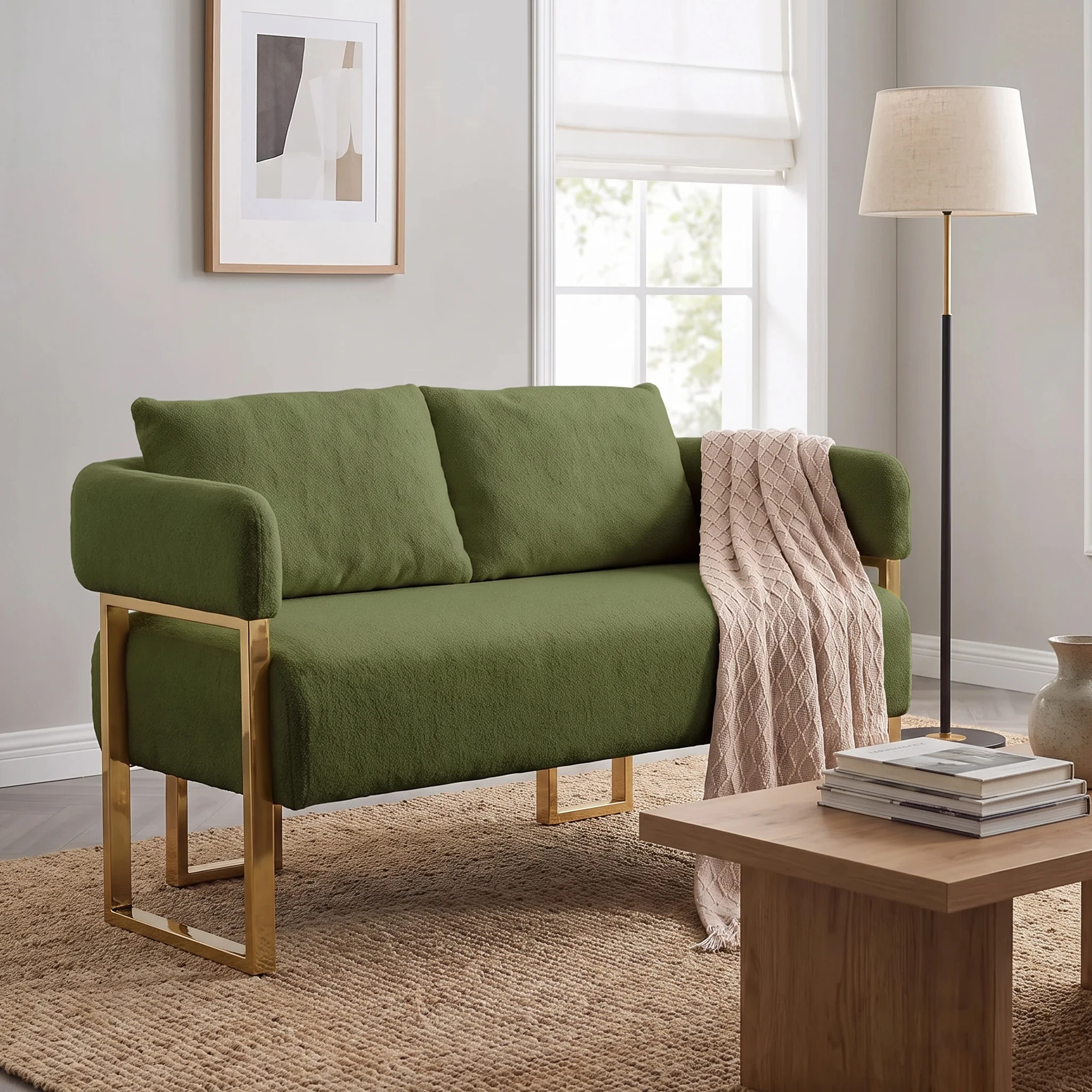 51.18-inch Modern Teddy Plush Double Sofa With Golden Metal Legs Suitable For Use in Reception Rooms Offices and Living Rooms