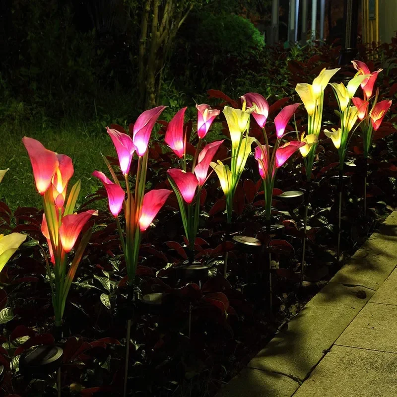 

Solar Garden Lights with 4 Head Calla Lily 7 Colors Changing Outdoor Lights Auto On/Off Lawn Lights Waterproof Simulation Flower