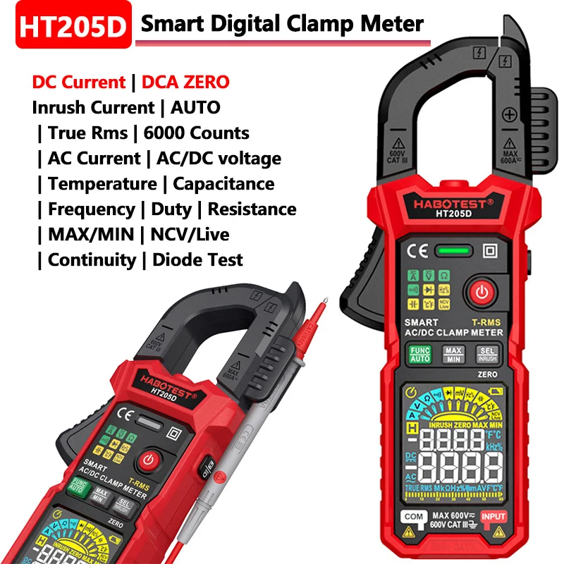 HT205D Digital Clamp Meter Auto Range True RMS Smart Multimeter 600A DC AC Current Voltmeter NCV Inrush Current Temperature Test