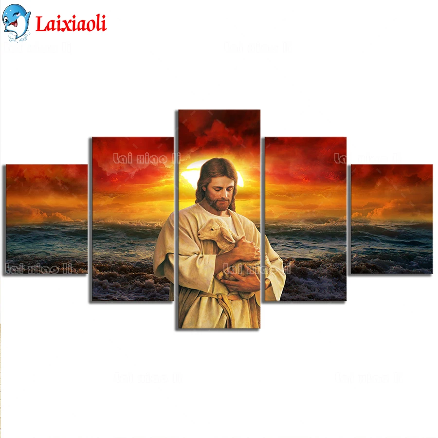 

5 Pcs Religious Jesus diamond embroidery 5d round diy diamond painting cross stitch full square diamond mosaic wall art,decor