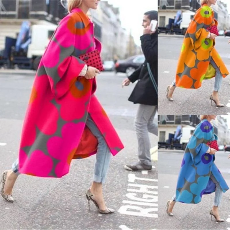 

Long Flared SVE Jaet Printed Windbreaker Thiened Winter Coat Ladies Faion Polyester Fiber Bell Sve Coat