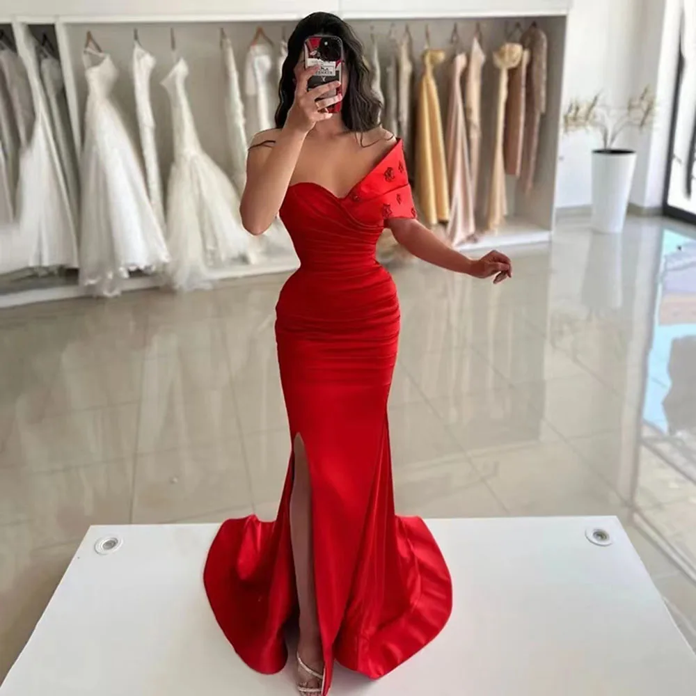 Msikoods Mermaid Formal Evening Dresses Side Split One Shoulder Customized Satin Beaded Special occasion Dress Prom Party Gown