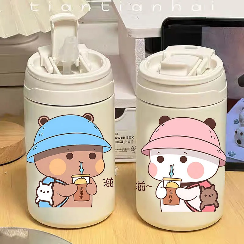 Panda Bubu And Yier Straw Cup Dudu Portable Water Cup New Cartoon Panda Bear Bubu And Yier Couple Cups Outdoor Insulated Cups