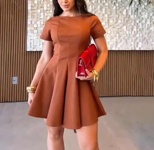 

Solid Color Short Sleeved Round Neck Tight Short Skirt for Summer Women, Elegant and High-End Texture, A-Line Pleated Edge Dress