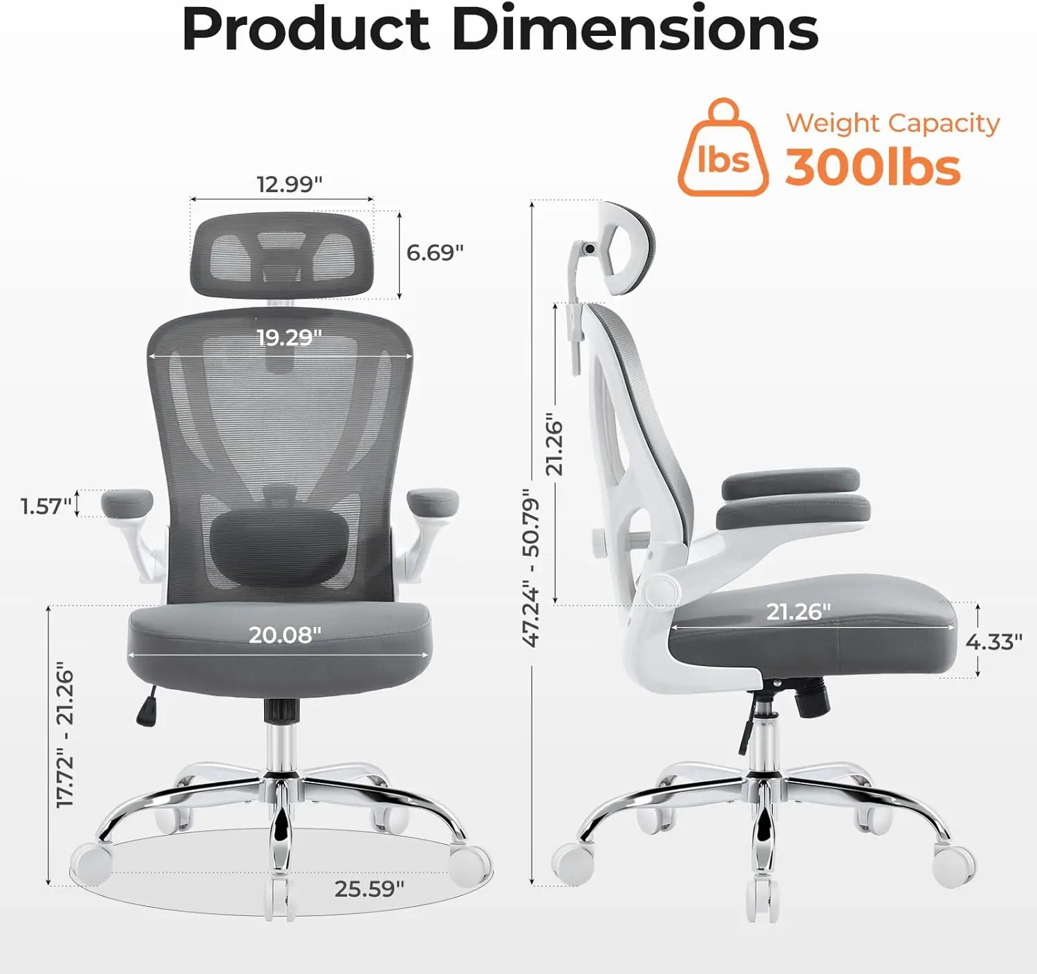 Grey Mesh Office Chair with Lumbar & Head Support, Rocking Function, FILP-up Armrests for Home and Office