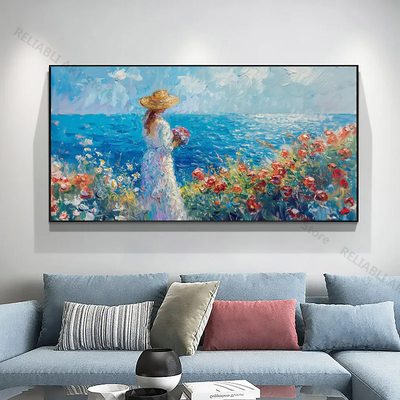 Modern Posters Woman White Dress Straw Hat Standing Field Flowers,Print Canvas Painting,Wall Art Home Decor Picture Unframed