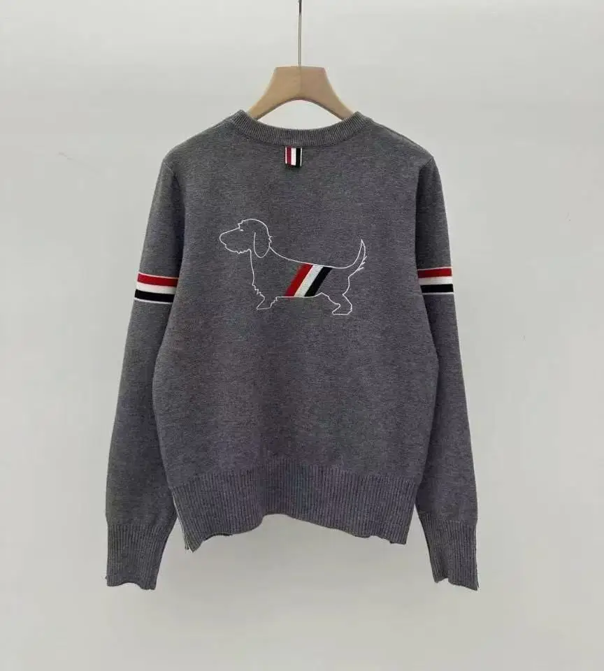 Novo outono cão bordado camisola feminina de malha o pescoço manga longa contraste cor casual solto cardigan casual topo malhas