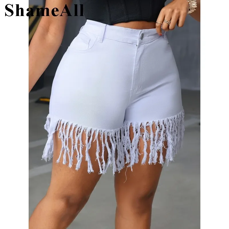 Pantalones vaqueros cortos blancos con borlas sexis de talla grande 4XL pantalones cortos de mezclilla blancos con cintura media elástica de verano para mujer