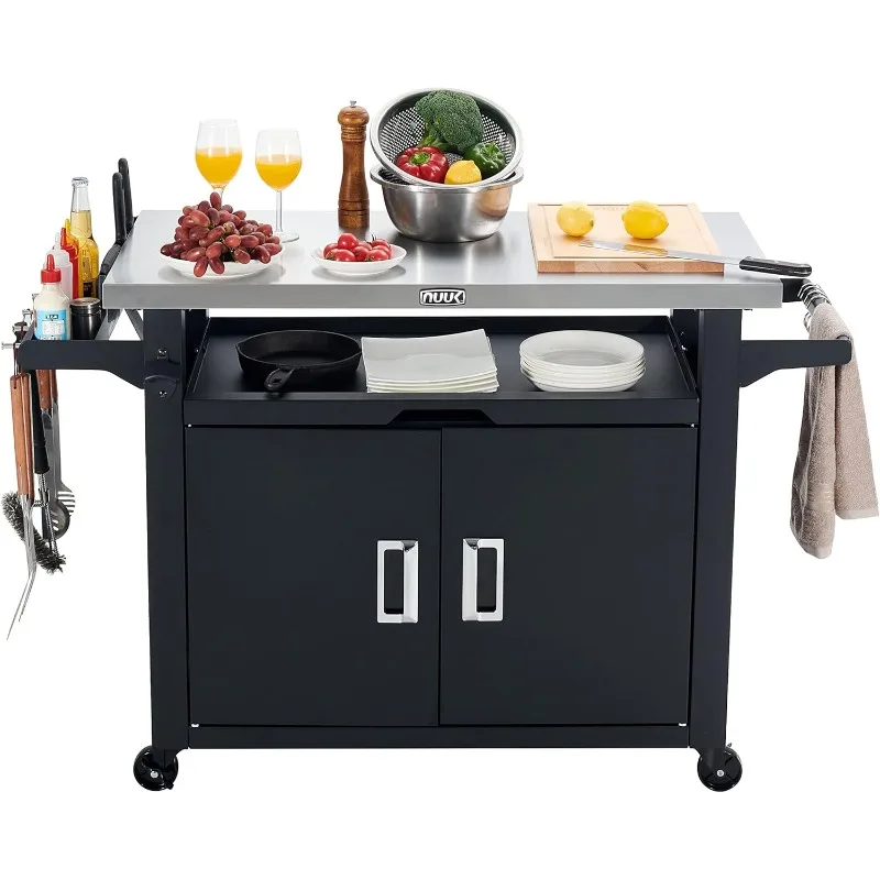 

42-Inch Rolling Outdoor Kitchen Island and BBQ Serving Cart, with Heavy Duty Wooden Cutting Board and Propane Tank Holder