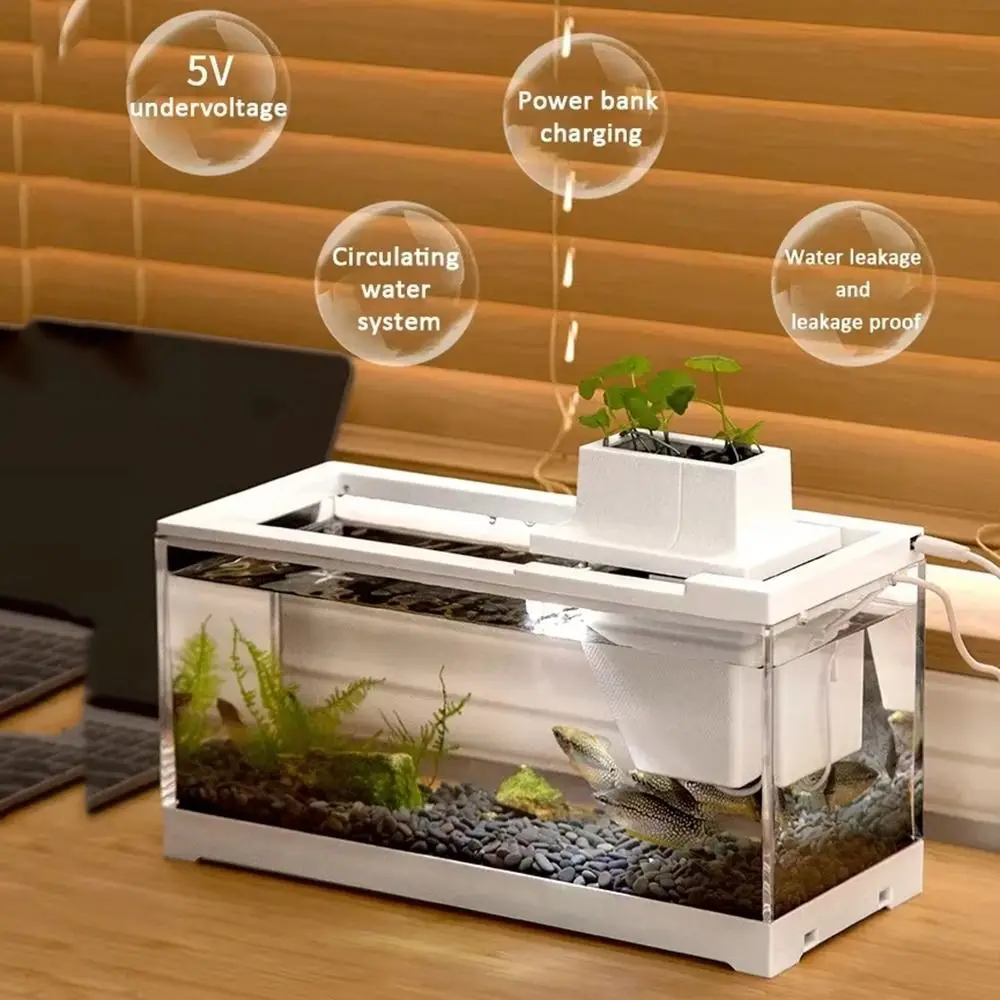 With LED Light Mini Desktop Fish Tank Transparent with Water Pump Aquarium Fish Box Circulating Water System Silent