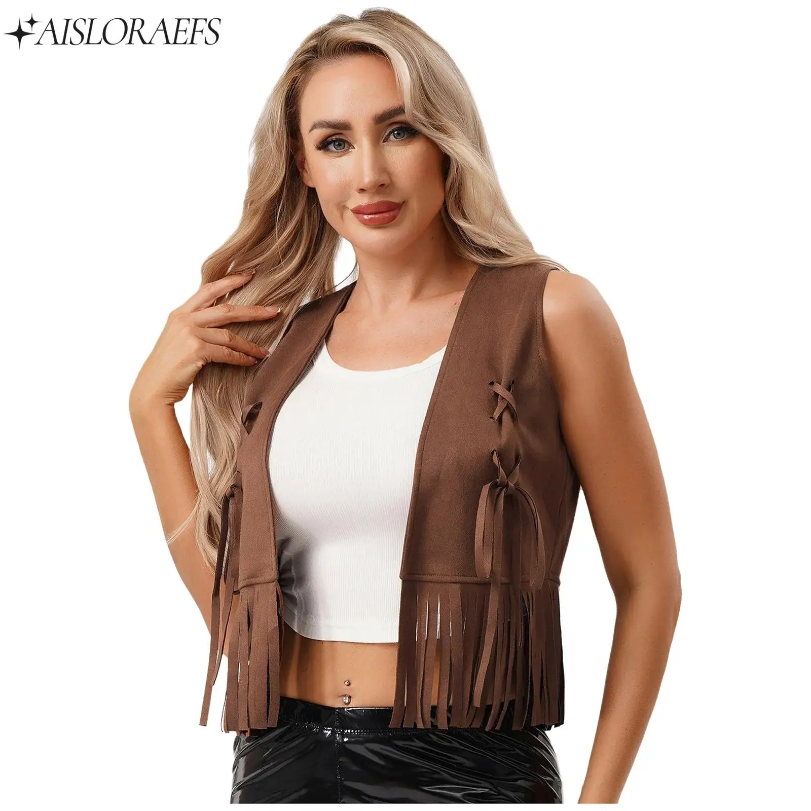 

Womens 70s Hippie Western Cowgirl Cropped Tank Top Open Front Tying Decor Tassel Trim Cardigan Vest for Halloween Cosplay Party