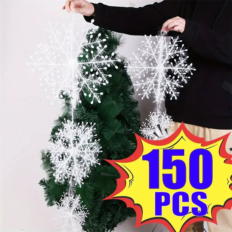 3-150PCS Christmas Snowflake Decoration White Glitter Fake Snowflake DIY Xmas Tree Hanging Pendents New Year Home Party Ornament