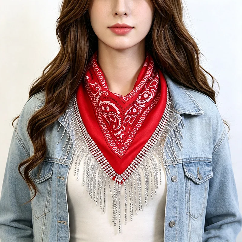 55c*55cm Women Rhinestone Fringe Bandana Designer Fashion Tassel Scarf Handkerchief Embellished Disco Bachelor Party  Decoration