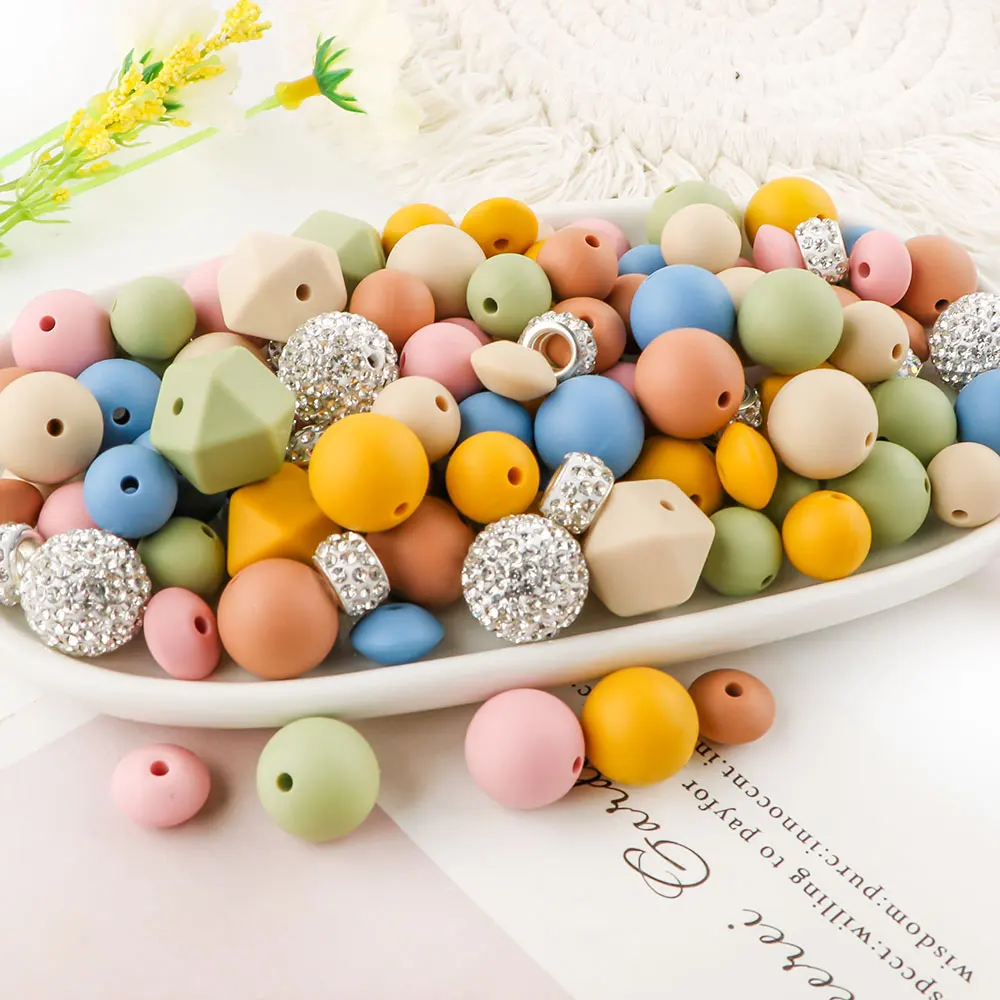 1Suit Colourful Silicone Round Beads Acrylic Rhinestone Combination Jewelry Making DIY Pacifier Keychain Necklace Accessories