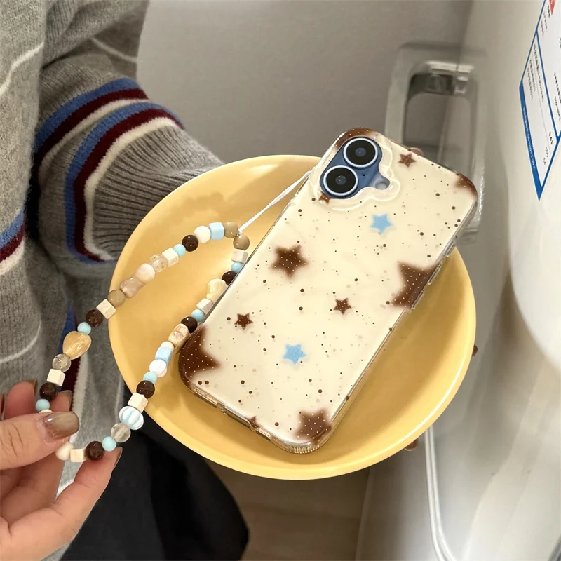 حافظة هاتف كورية لطيفة على شكل نجمة لهاتف آيفون 17 برو 16 15 14 برو ماكس مع سلسلة حافظة كاواي مقاومة للصدمات لهاتف أبل 17 برو ماكس كابا