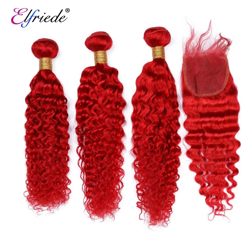 Elfriede #Red Deep Wave Hair Bundles with Closure 100% Remy Human Hair Sew In Wefts 3 Bundles with 4X4 Transparent Lace Closure