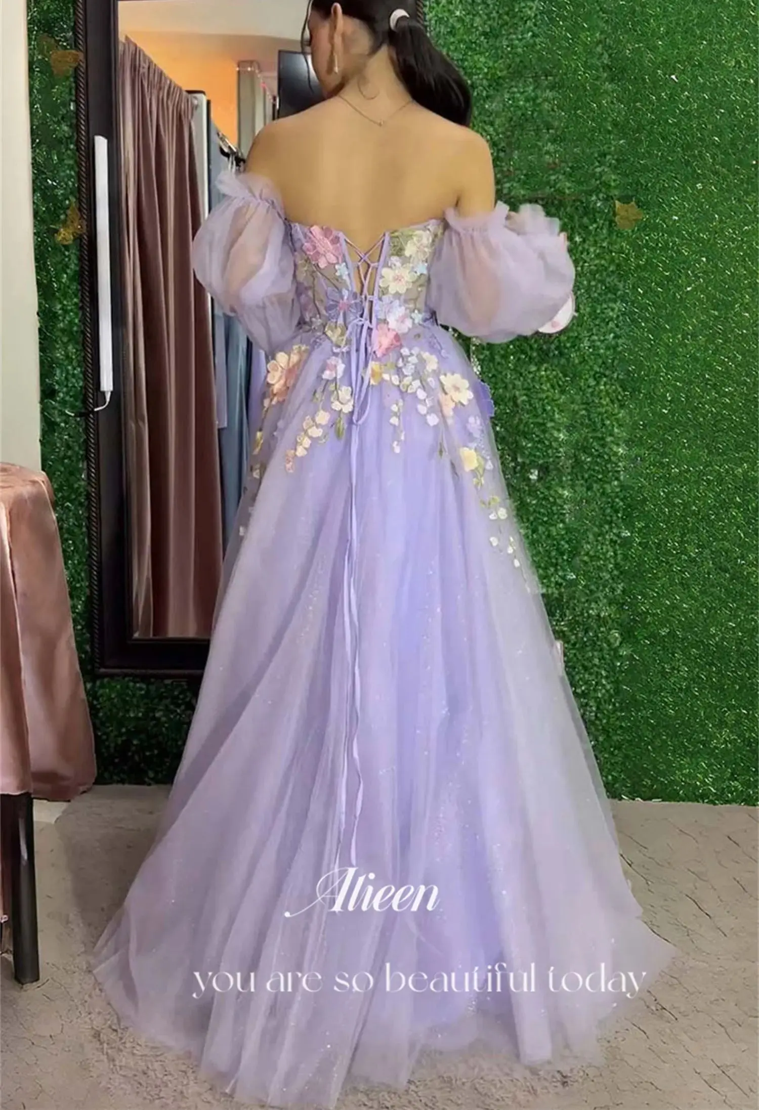 Aileen-Robe de Soirée Personnalisée à Manches Bouffantes pour Femme, Tenue de Bal Élégante et Luxueuse à Fleurs 3D, Violet