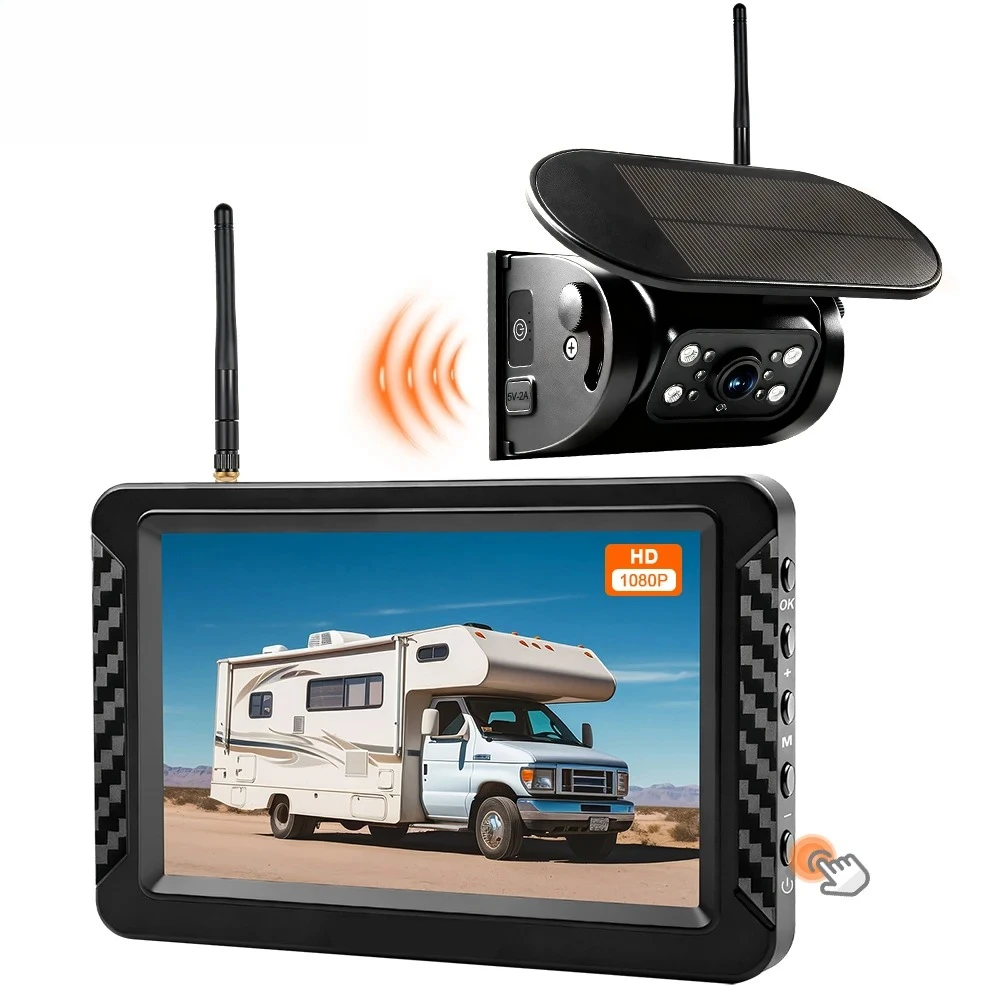 5 Inch 2CH Solar Magnetic Wireless Backup Camera Kit, IR Night Vision Waterproof Side Button Monitor No Wiring For Car RV Truck