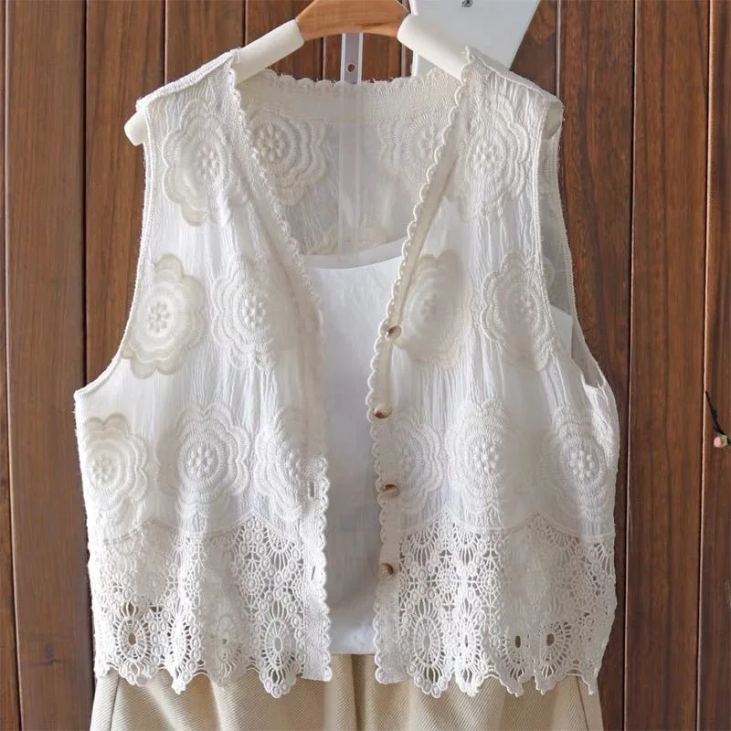 

Women Summer Crochet Lace Vest Thin Sheer Black White Beige Sleeveless Cardigan Coat Boho Hollow Out Embroidery Cotton Top