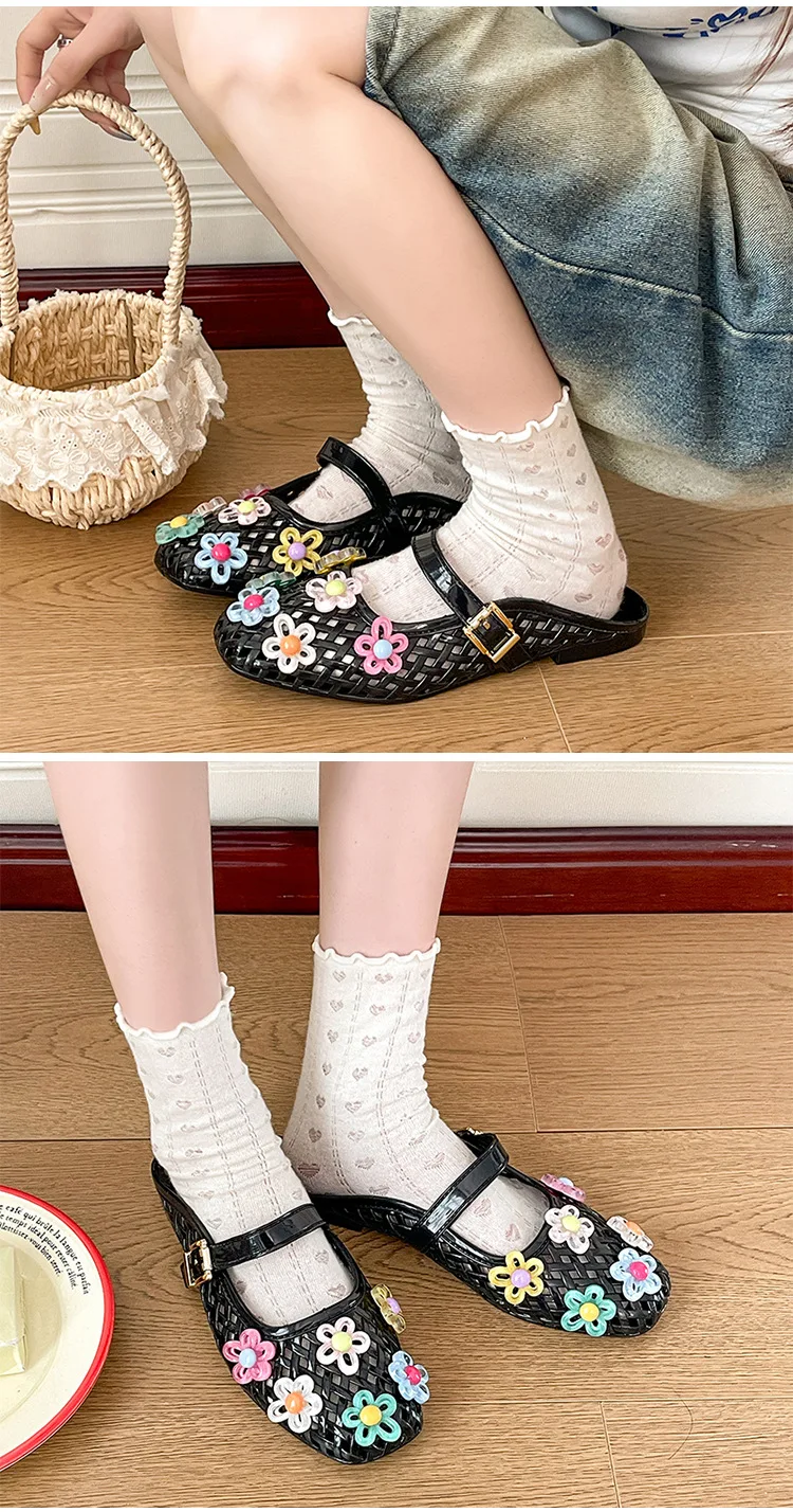 Sommerliche Modische Jelly-Slipper für Damen, Koreanischer Stil, Bunte Blumen-Kristall-Mules, Trendige Transparente Flache Sandalen mit Schnalle – Detail 3