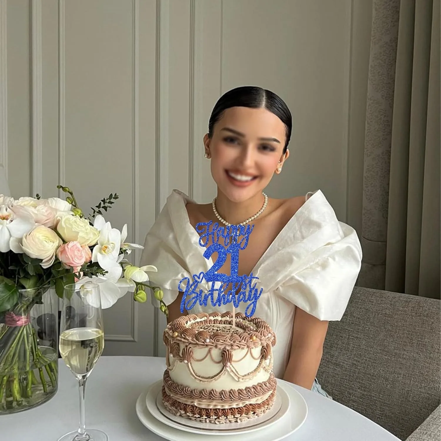 1 x blauer, glitzernder, moderner Tortenaufsatz „Happy 21st Birthday“ – Prost auf 21 Jahre, Twenty One Hello 21 Kuchendekoration – Detail 6