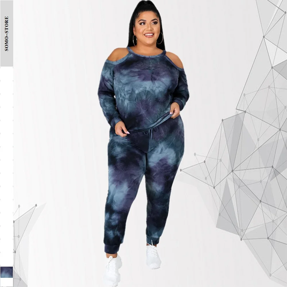 

5xl Plus Size Clothing for Women Off Shoulder Long Sleeve Top and Pants Sets Tie Dye Two Piece Outfits Wholesale Dropshipping