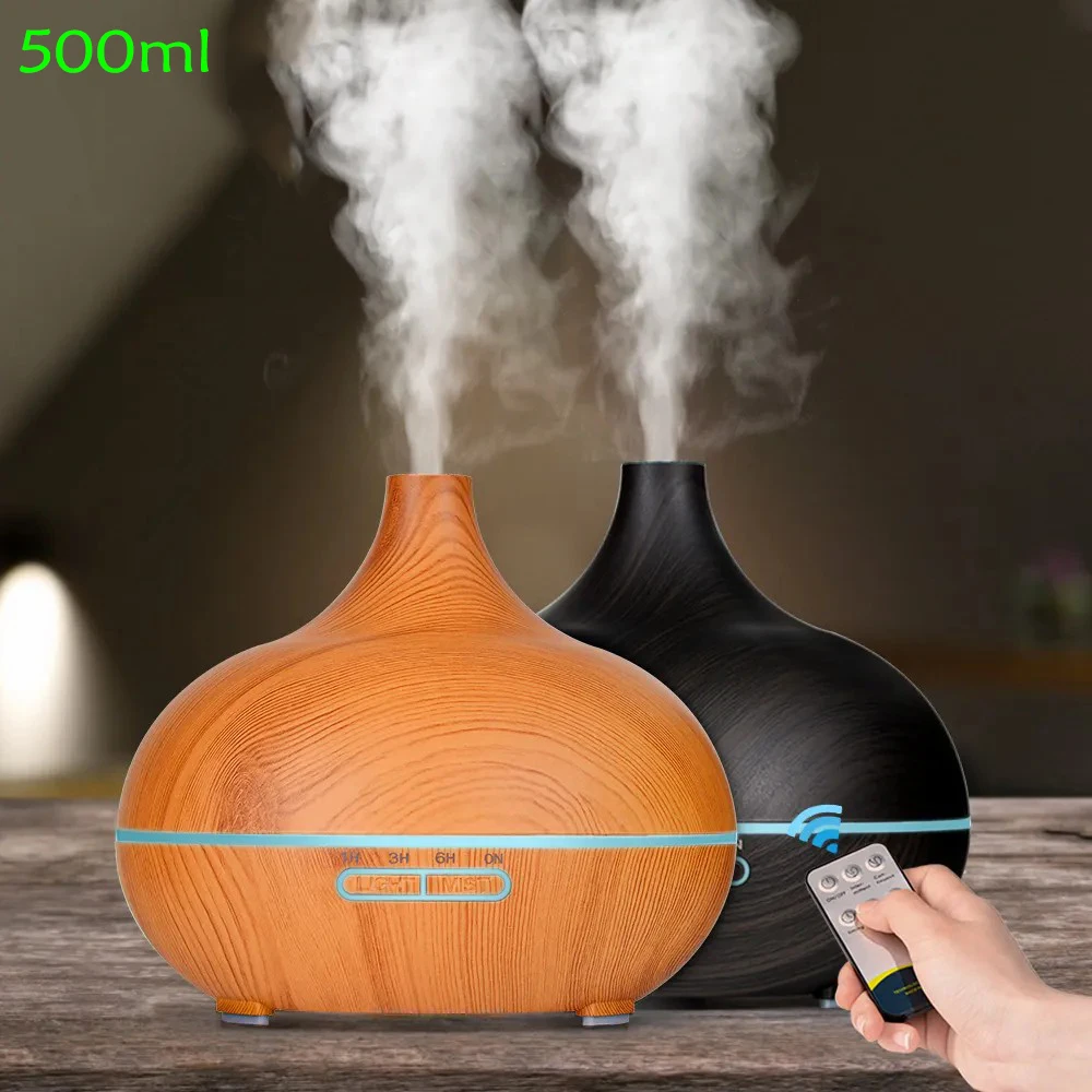 D2 Night Light 500ML Aromatherapy Essential Oil Diffuser Wood Grain Remote Control Ultrasonic Air Humidifier Cool with LED Light