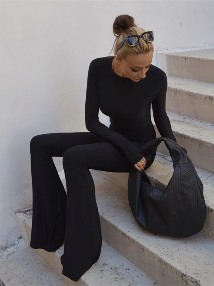 Backless Jumsuit For Women Overall Long Sleeve One Piece Outfit Flare Pants Black Monos Mujer Elegante Bodycon Combinaison Femme