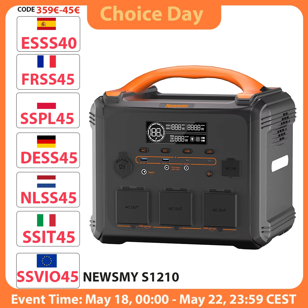 Station d'alimentation portable NEWSMY S1210 2000W, 3000W de pointe, batterie LiMnFePO₄ 1102,5Wh, charge rapide AC 1300W, générateur solaire MPPT