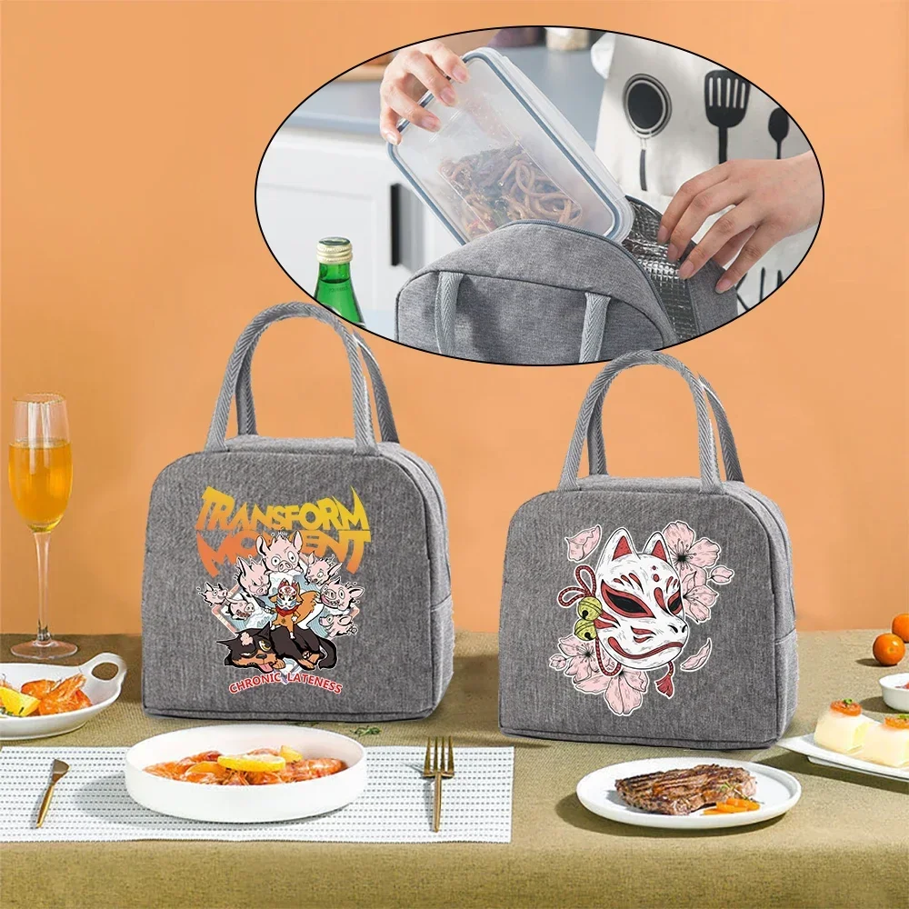 Lunch Bag Kids Food Thermal Lunch Box borse termiche isolate maschera stampa borsa in tela organizzatore da Picnic da donna con cerniera Tote Pouch