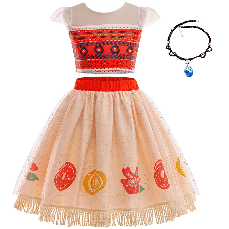 

Carnival Baby Girl Moana Cosplay Costume And Necklace Ocean Adventure Disguise Ball Gown Children Vacation Style Casual Dress