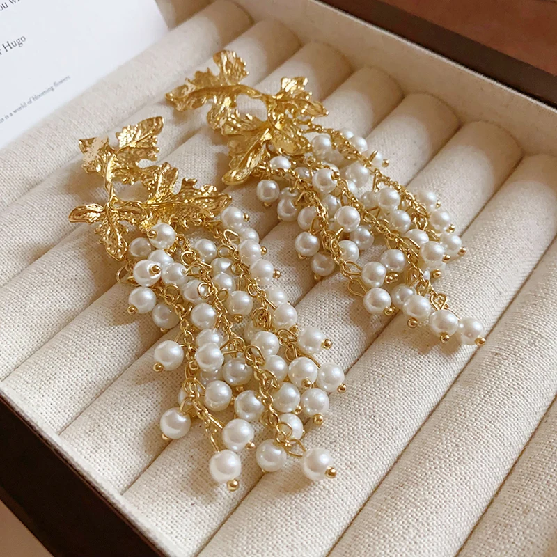 Europe and The United States Exaggerated Maple Leaf Pearl Tassel Earrings Personality Earrings for Women Temperament  Jewelry