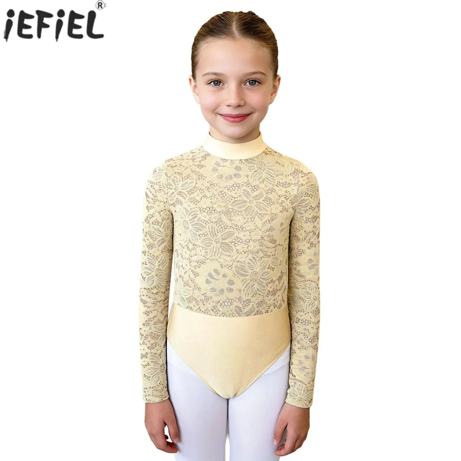 Kids Girls Ballet Leotard Long Sleeve Lace Bodice Bodysuit Figure Skating Yoga Artistic Gymnastics Dance Performance Costume
