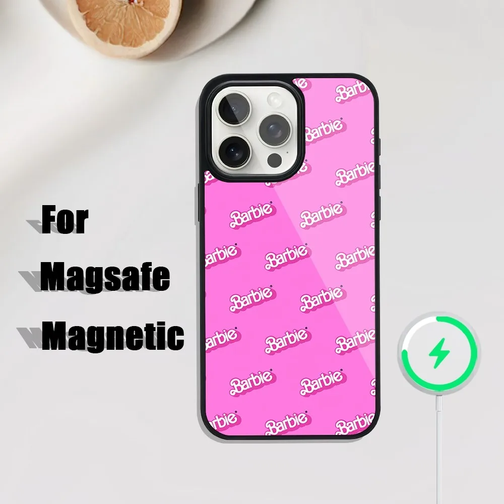 MINISO Pink Barbie Fashion Logo Phone Case For iphone Pro 11 Max 13 12 14 Mini 15 Plus Magsafe Magnetic Wireless Charging Shell