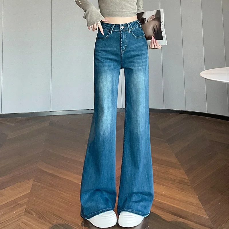 

Джинсы женские синие, с легким расклешением, на все сезоны, новые, свободные, с высокой талией, прямые, повседневные, длиной в пол