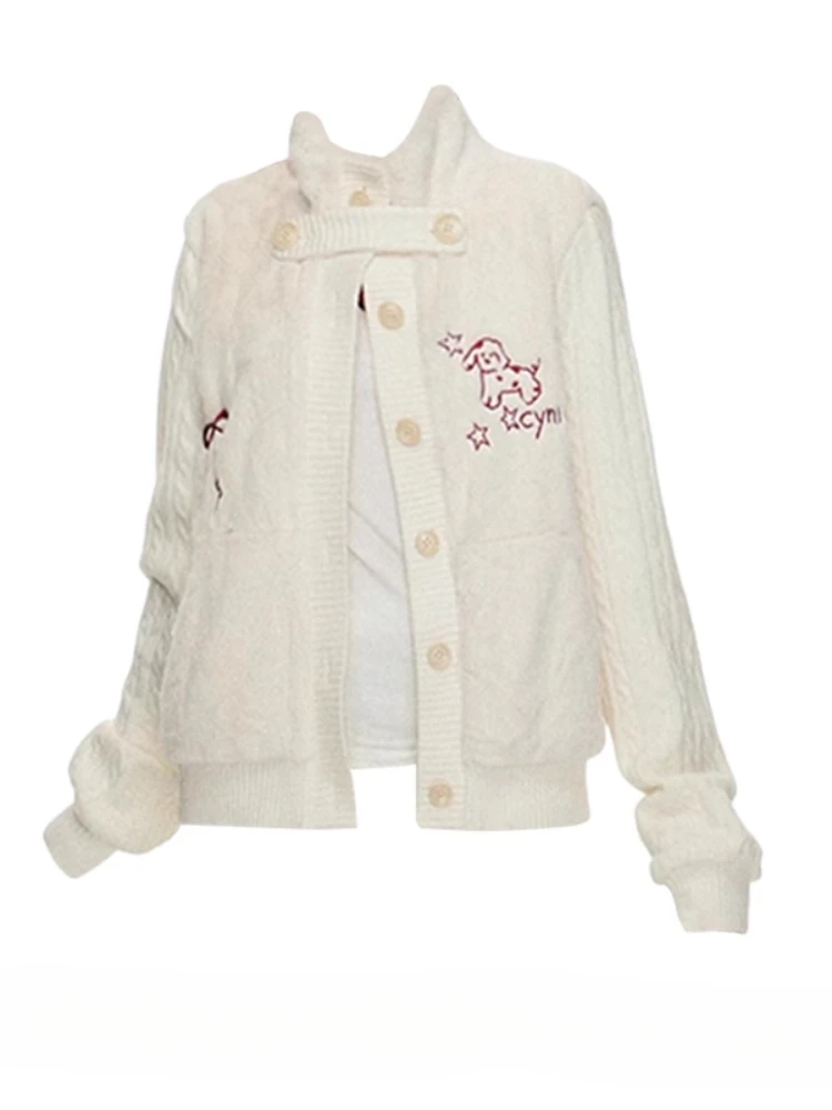 

Winter Y2k Harajuku Embroidery Knitted Jacket Women Korean Sweet Button Patchwork Sweater Casual Fashion Loose Chic Tops New