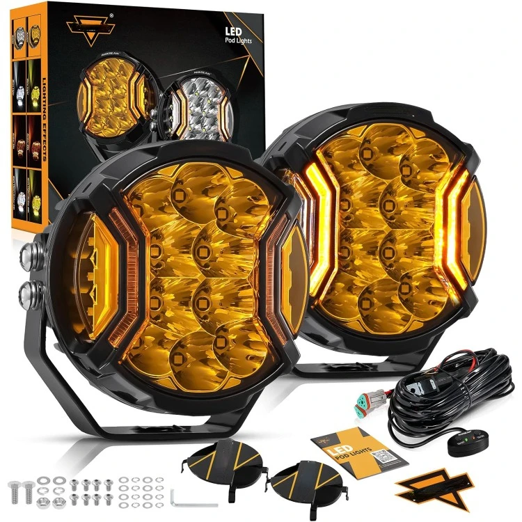 V-ULTRA Series LED Round Light Pods, 5 Inch 172W Offroad Driving Side Shooter Light with Amber DRL