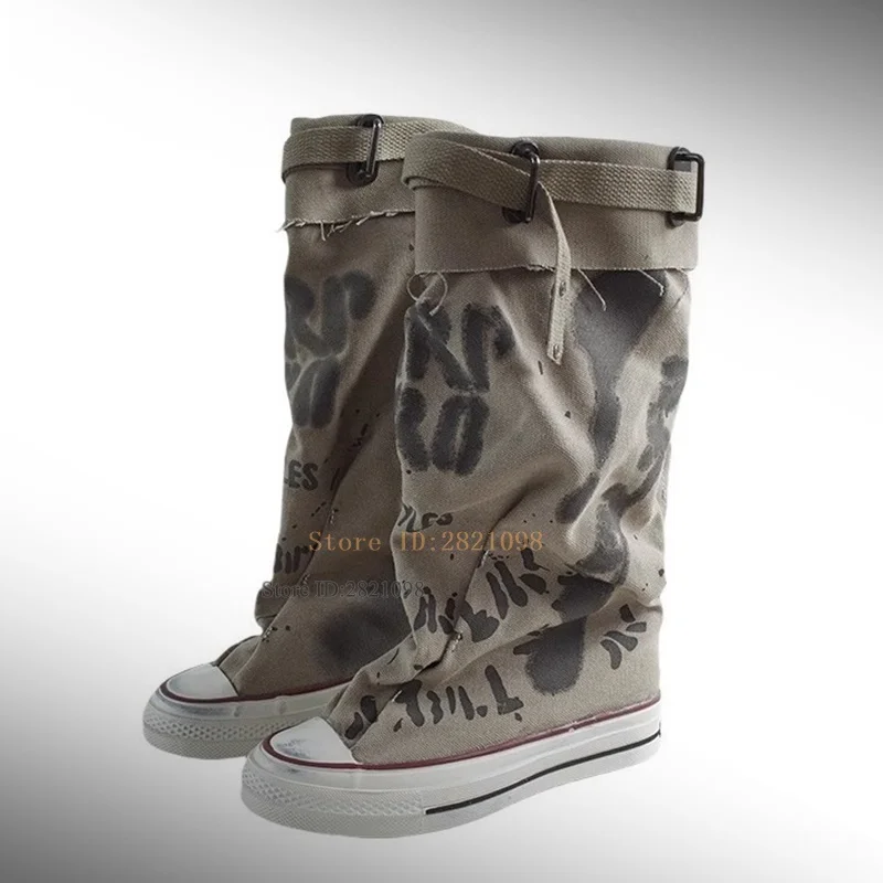 City Grey Canvas Graffiti Boots Buckle Platform Women's Shoes Comfortable Walking Shoes