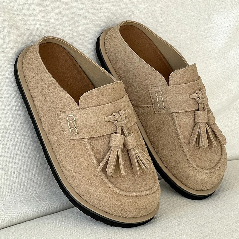 2026 New Couple Matching Casual Slippers, Autumn Winter Outdoor Tassel Slip-On Slides, Indoor Closed Toe Slippers