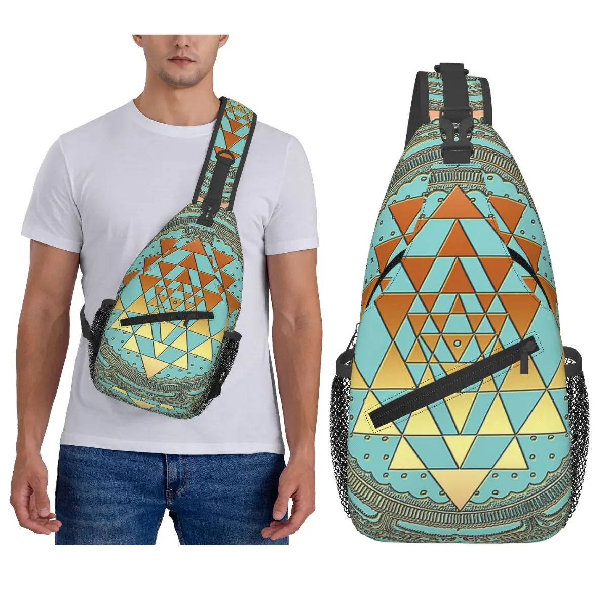 

SRI YANTRA - Bohemian Ornament Chest Bag Men Sling Crossbody Backpack Chest Bag Travel Hiking Daypack Shoulder Bag
