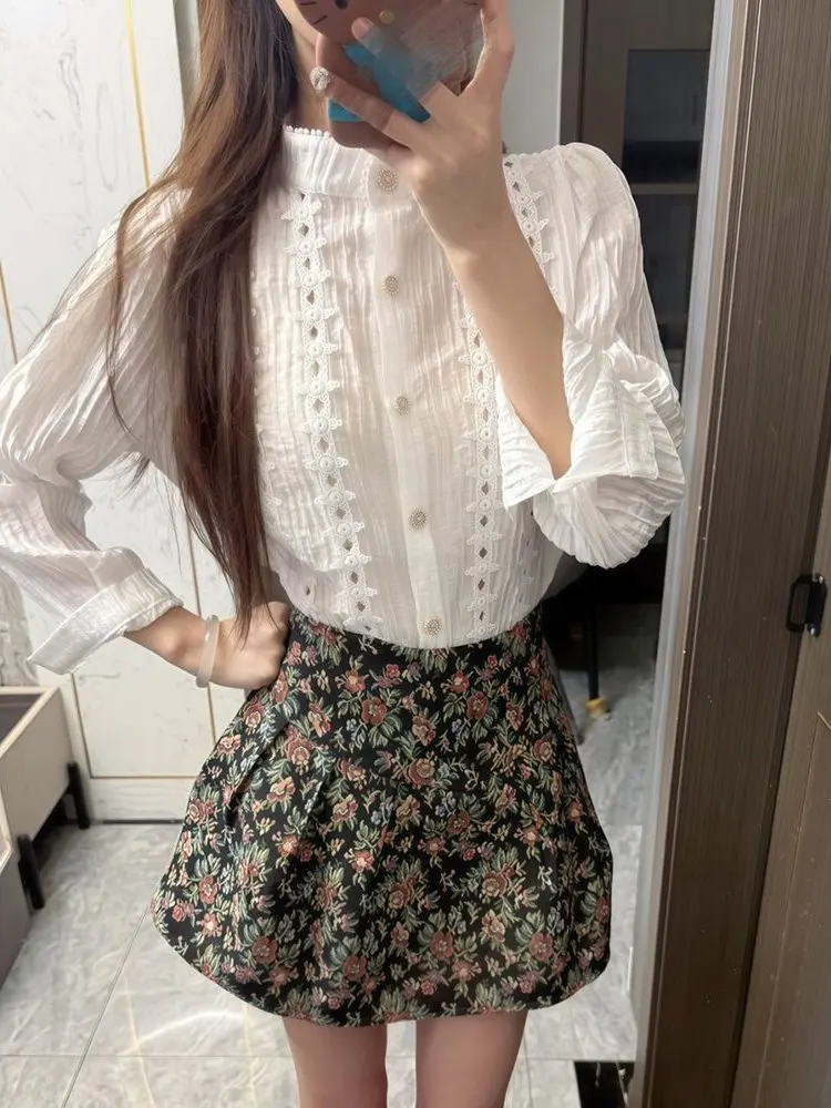 Elegant Spring Autumn Floral Print Bubble Sleeve Hollow out Shirt And Half Skirt Two Piece Set Women's Fashion Ensemble