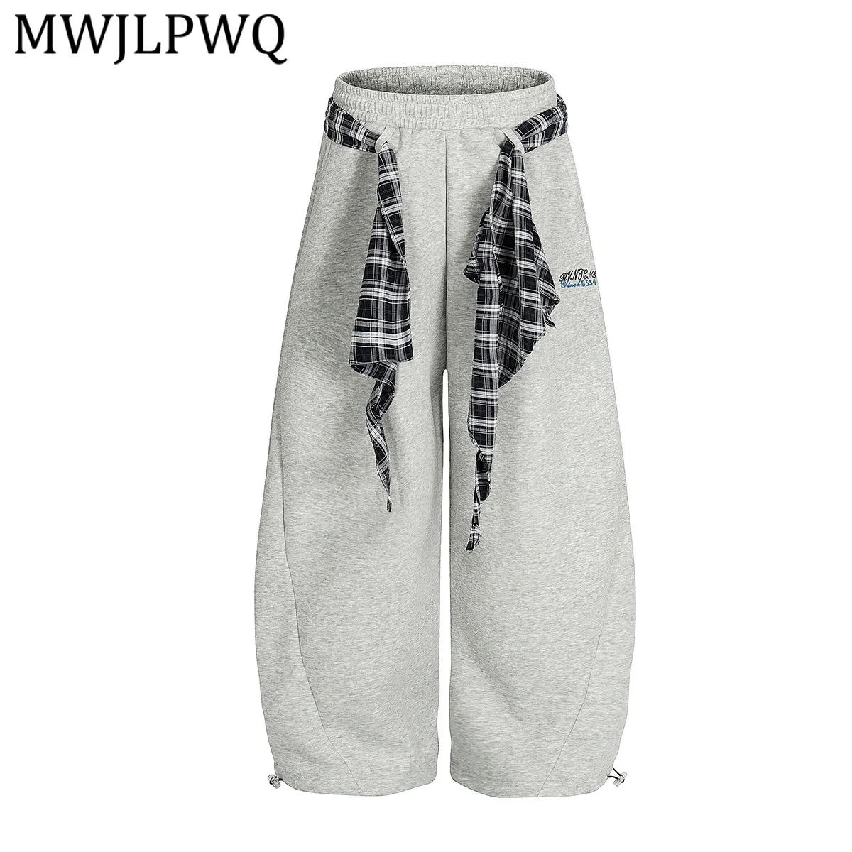 

MWJLPWQ Loose Wide Leg Sweatpants Detachable Plaid Scarf Sash Embroidery Elastic Cuff Jogger Mens Vintage Street Outfit 16777