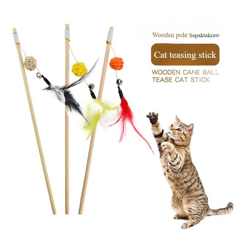 

Wooden Pole Feather Cat Teasing Stick Toy Cat Scratch Bite Resistant Wooden Cat Teasing Pole