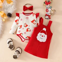 VISgogo 0-18 Months Baby Girls Christmas Set Ruffles Long Sleeve Romper Corduroy Santa Overall Skirt Bow Hair Band Outfits