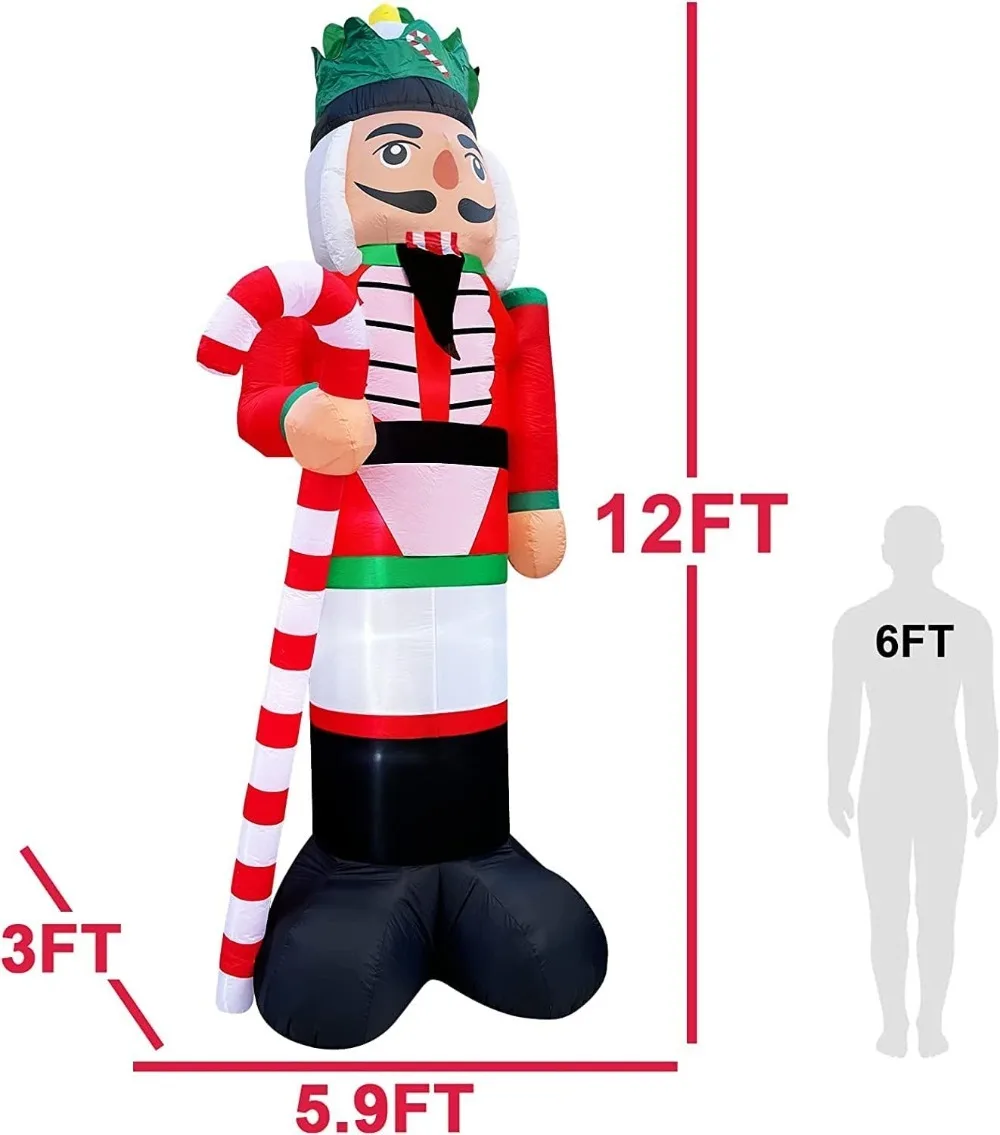 12 Foot Giant Christmas Inflatables Nutcracker Decoration Outdoor Blow Up Candy Cane Christmas Decoration with Build-in LED