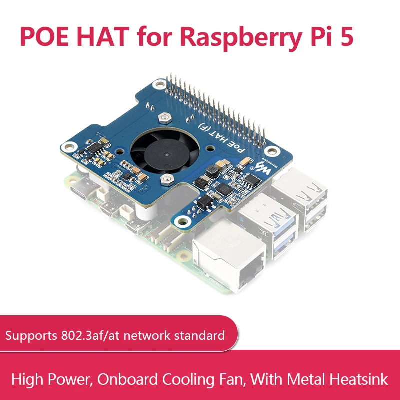 

POE HAT for Raspberry PI 5,High Power, Onboard Cooling Fan, With Metal Heatsink, Supports 802.3af/at network standard