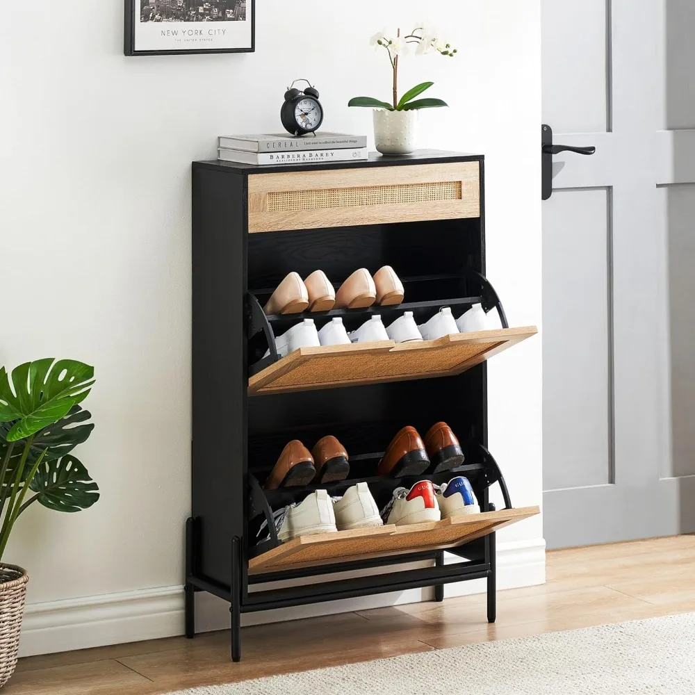 

Freestanding Shoe Rack with 1 Drawer Organizer, Wooden Storage Box, Natural Rattan, 2 Flip Down